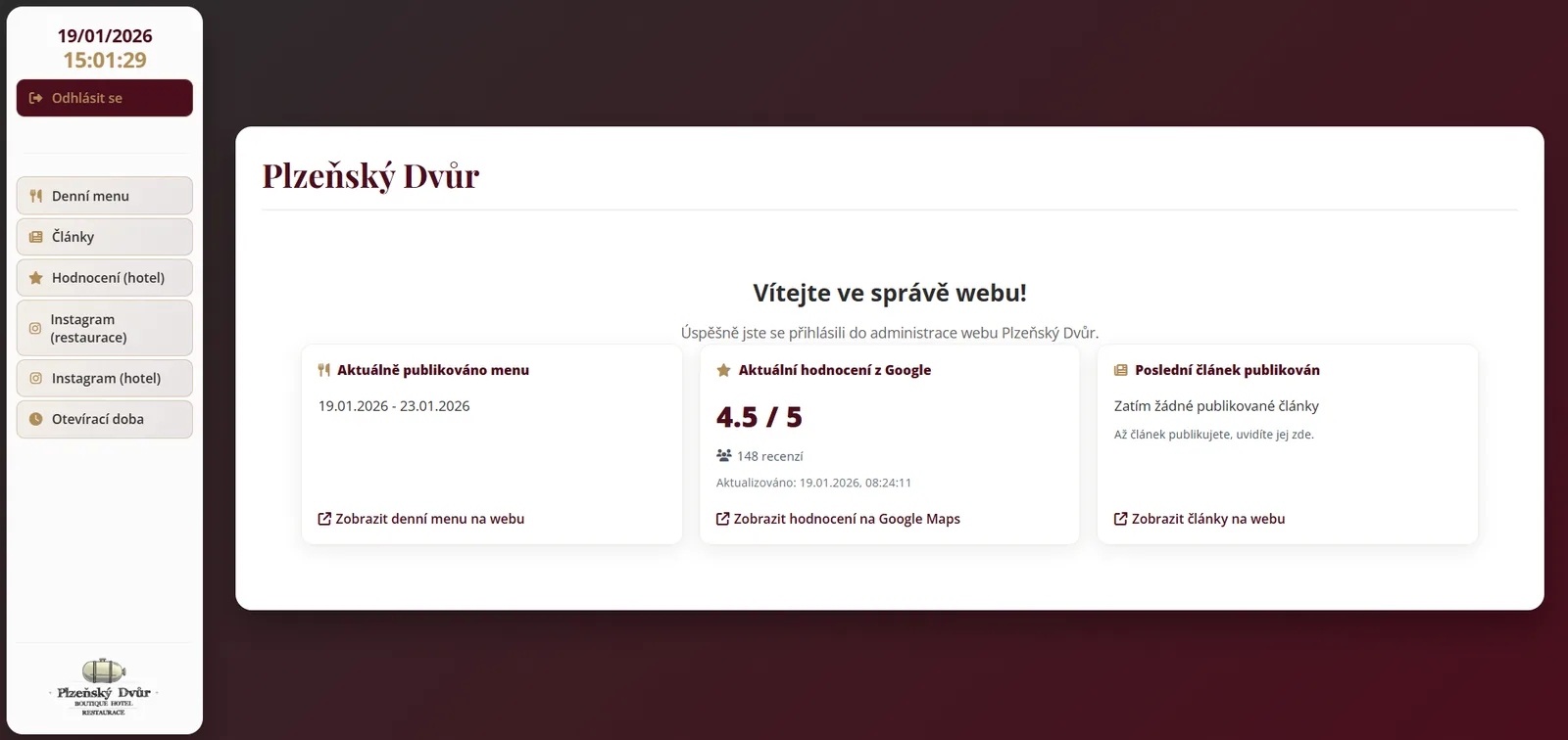 Administrační rozhraní Plzeňský Dvůr